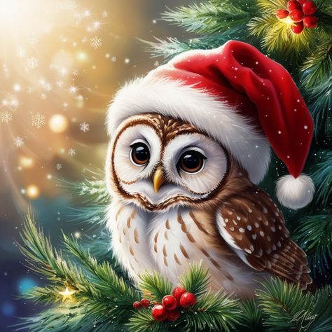 This cute baby Christmas owl, snuggled in a festive tree and wearing an adorable Christmas hat, is the perfect holiday charm! A delightful scene that will bring joy and warmth to your heart. #ChristmasOwl #HolidayCheer #FestiveDecor Spreading Christmas Cheer, Owl Party, Christmas Owls, Owl Painting, Baby Christmas, Owl Art, Halloween Boo, Christmas Hat, Tree Wall