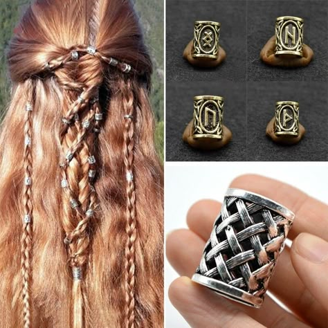 Long Hair Styles With Braid, Hair Plait Accessories, Norse Braided Hair, Viking Beads Hair, Celtic Hair Beads, Celtic Hairstyles Braids, Celtic Braids Hair, Druid Hair, Norse Hairstyles Women