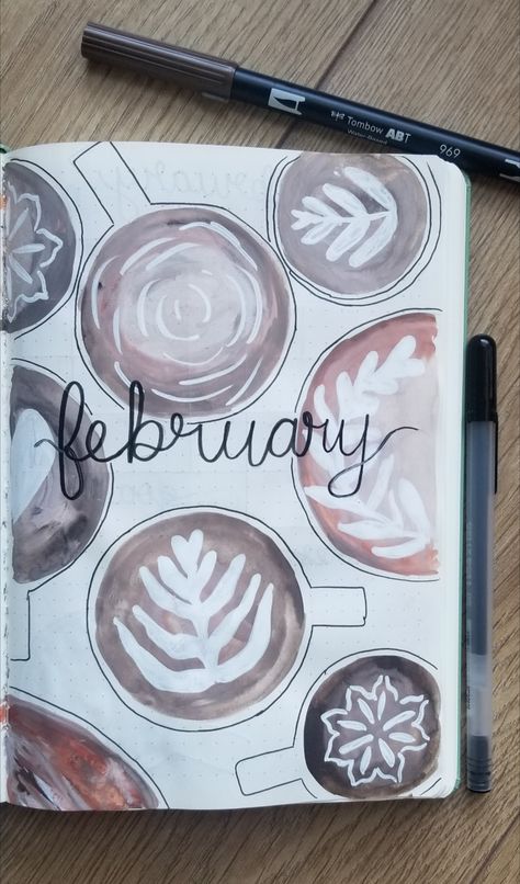 Coffee Themed Bujo, Coffee Journal Page, Coffee Theme Journal, February Bujo, Bullet Journal Coffee Theme, Coffee Bullet Journal, Coffee Themed Junk Journal, Painted Coffee Cup, Coffee Bullet Journal Theme