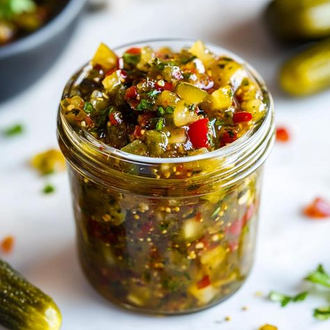 Sweet & Spicy Pickle Relish - Yeyfood.com: Recipes, cooking tips, and kitchen hacks for home cooks of all levels Pickle Food Recipes, Vegetable Pickle Recipes, Canning Pickles Recipe Spicy, Pickled Hot Peppers Recipes, Pickle Jalapenos Recipe, Gherkins Pickles Recipes, Sweet Heat Pickle Recipe, Spicy Sweet Pickles Recipe, Indian Relish Recipe