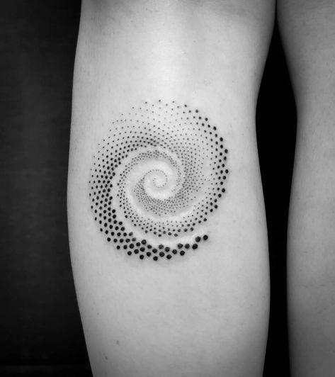 Simplistic Geometric Tattoo, Geometric Dot Work Tattoo Design, Magic Circle Tattoo, Fibbonaci Spiral Tattoo, Dot Tattoos For Women, Fibonacci Tattoo Sacred Geometry, Spiral Tattoo Ideas, Frequency Tattoo, Golden Spiral Tattoo