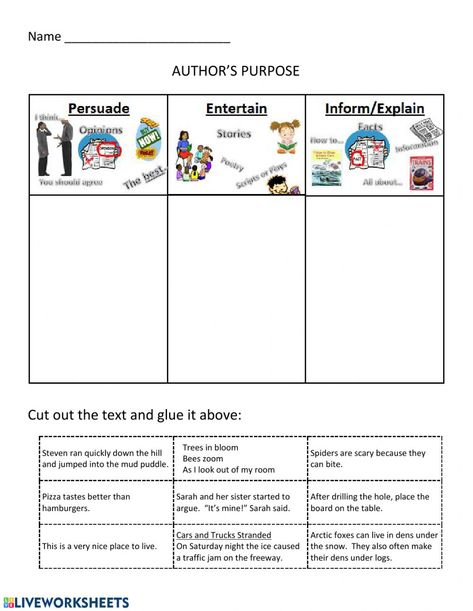 Authors Purpose First Grade, Author's Purpose 2nd Grade, Authors Purpose Worksheet, Purpose Worksheets, Author Purpose, Authors Purpose Anchor Chart, Authors Purpose Activities, Author's Purpose Worksheet, Authors Perspective