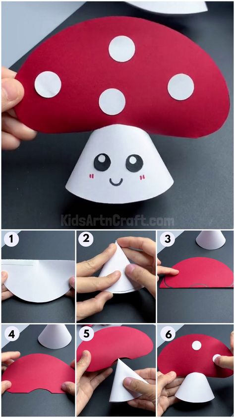 Easy Paper Mushroom Craft Step-by-Step Tutorial for Kids Check more at https://www.kidsartncraft.com/paper-mushroom-craft-tutorial/ 3d Mushroom Paper Craft, Paper Mushrooms Crafts, Mushroom Paper Craft, Toadstool Craft, Paper Plate Basket, 2nd Grade Crafts, Mushroom Crafts, Animal Crafts For Kids, Mushroom Decor