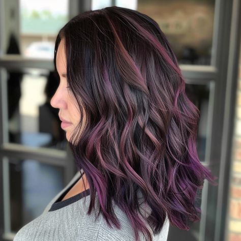 Dark Brown Hair With Plum Underneath, Fall Hair Purple Highlights, Fall Hair Purple Brown, Purple Fall Hair Color, Plum Red Balayage, Brunette With Violet Highlights, Dark Brown With Purple Underneath, Red Purple Highlights On Dark Hair, Purple Highlights Brunette