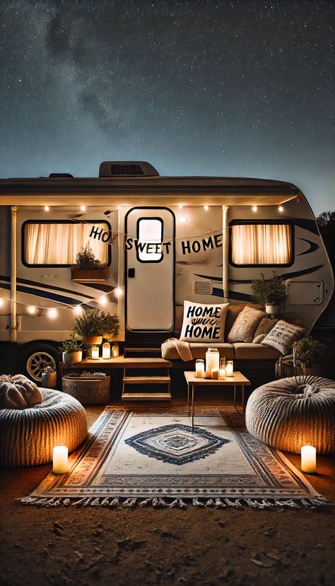 Must-See 17+ RV Campsite Decorating Ideas for Stylish Campers 🎨✨ Camping In Camper, Outdoor Trailer Decor, Green Rv Interior, Beach Camper Decor Ideas, How To Decorate A Travel Trailer, Rv Front Porch Ideas, Camp Trailer Decorating Ideas, Permanent Campsite Ideas Diy, Camper Set Up