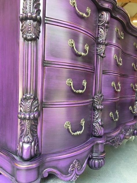 Eggplant Furniture, Bedroom Furniture Paint Ideas, Purple Dressers, Purple Painted Furniture, Purple Dresser, Rainbow Furniture, Glitter Furniture, Safari Home Decor, Purple Furniture