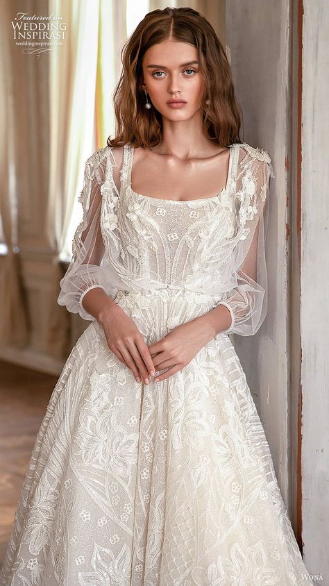 Classic Rustic Wedding Dress, Square Neck Line Wedding Dress Long Sleeve, A Line Wedding Dress Vintage, Wedding Dresses With Full Sleeves, Square Neck Wedding Dress Sheer Sleeves, Long Sleeve Cinderella Wedding Dress, Boho Square Neck Wedding Dress, Non Revealing Wedding Dress, U Neck Wedding Dress