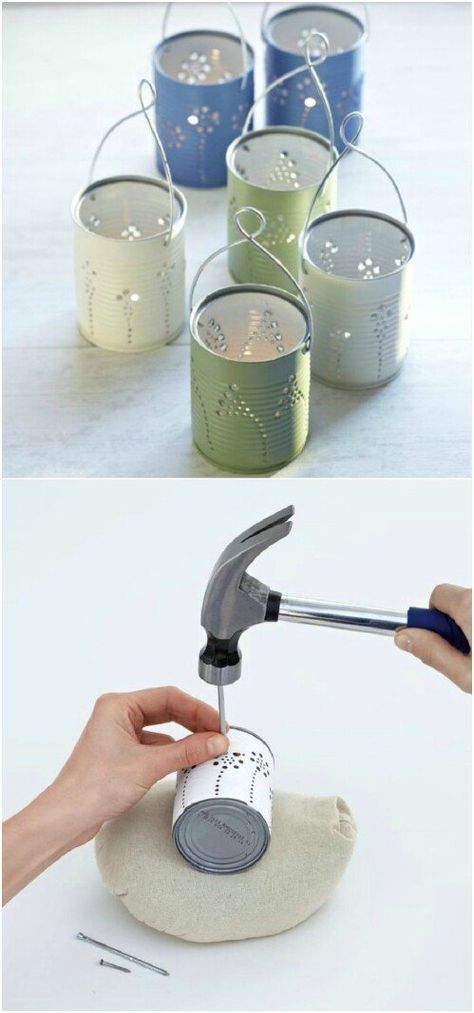 Hang These Simple Tin Can Lanterns with Handles Can Lanterns, Tin Can Lanterns, Koti Diy, Tin Can Art, Tin Can Crafts, Diy Candle Holders, Diy Upcycling, Diy Upcycle, Tin Cans