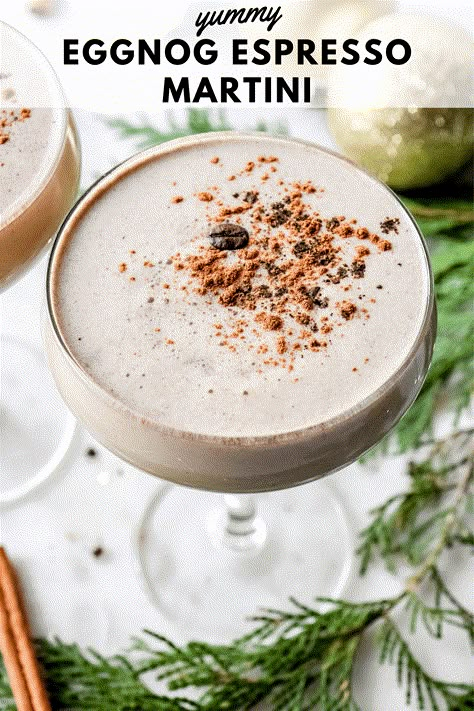 This eggnog espresso martini with rum is a luscious and festive homemade holiday cocktail. Made with your favorite eggnog, rum (or whiskey or vodka!), coffee liqueur, cold brew coffee or espresso, vanilla, and cinnamon. The perfect eggnog martini recipe to enjoy during the holiday season! Easily made dairy free by using a plant based (vegan) eggnog. #eggnog #holidays #homebartending #christmas #cocktail Eggnog Liqueur Recipes, Christmas Cocktails Eggnog, Egg Nog Espresso Martini, Espresso Martini Christmas, Christmas Espresso Martini, Boho Drinks, Eggnog Martini Recipe, Eggnog Martini, Eggnog Cocktail