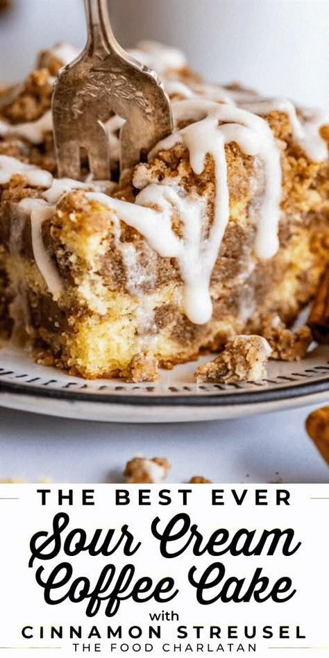 Best Recipe for Sour Cream Coffee Cake from The Food Charlatan. This is my FAVORITE recipe for Sour Cream Coffee Cake! My main complaint with homemade coffee cake is that there is usually too much cake, not enough streusel. This streusel coffee cake recipe gives you the max amount of streusel without ruining the light fluffiness of the cake! It's the best coffee cake ever! A vanilla drizzle tops it off (though it's so good you don't even need it). This cake is perfect for Christmas breakfast! The Best Coffee Cake, Cinnamon Swirl Coffee Cake, Best Coffee Cake, Coffee Cake Loaf, Cinnamon Crumb Cake, Cinnamon Swirl Cake, Homemade Coffee Cake, Cinnamon Streusel Coffee Cake, Crumb Coffee Cakes