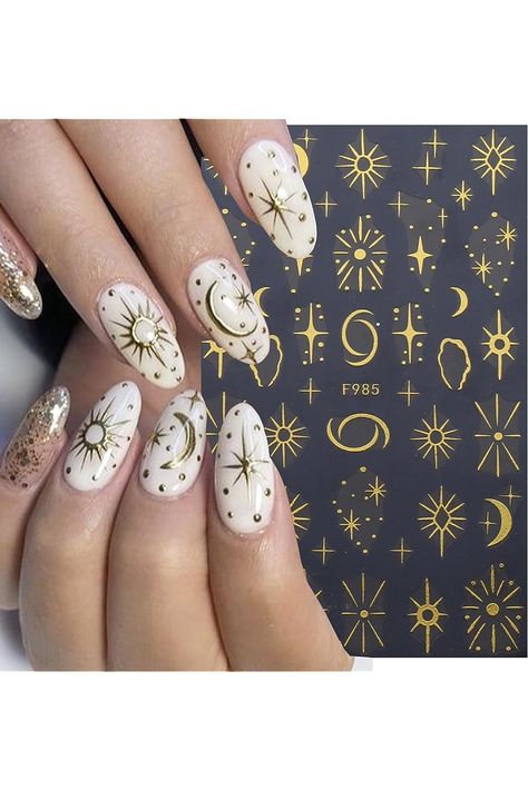 8 Sheets Gold Vintage Nail Sticker 3D Self-Adhesive Nail Decals Art Unique Moon Sun Stars Snake Design Nail Art Sticker Decoration for Women Manicure Tips Acrylic Nails DIY Nails Art Supplies Nail Sticker Ideas, 18th Nails, Nail Stickers Designs Ideas, Celestial Nails, Nails 23, Nail Decals Designs, Nail Stickers Designs, Sun Nails, Birthday Nail Designs