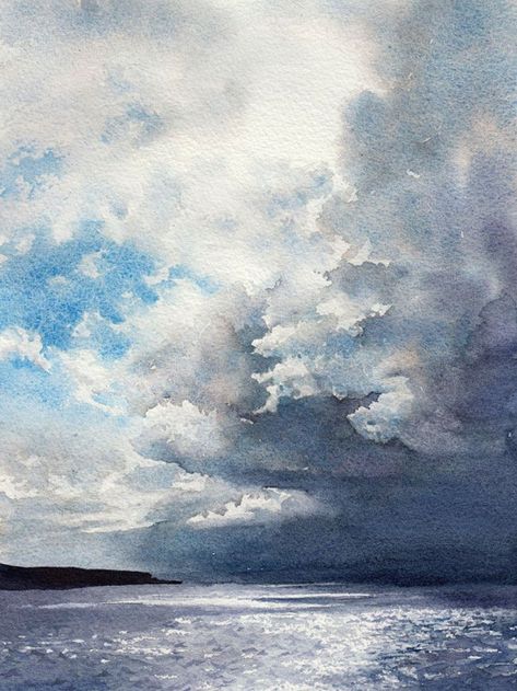 Watercolour painting of Orkney storm. #watercolorpainting #watercolor #painting #draw Seascapes Art, Watercolor Clouds, Watercolor Art Landscape, Watercolour Landscape, Watercolor Sky, Watercolor Water, Watercolor Ocean, Watercolour Inspiration, Watercolor Painting Techniques