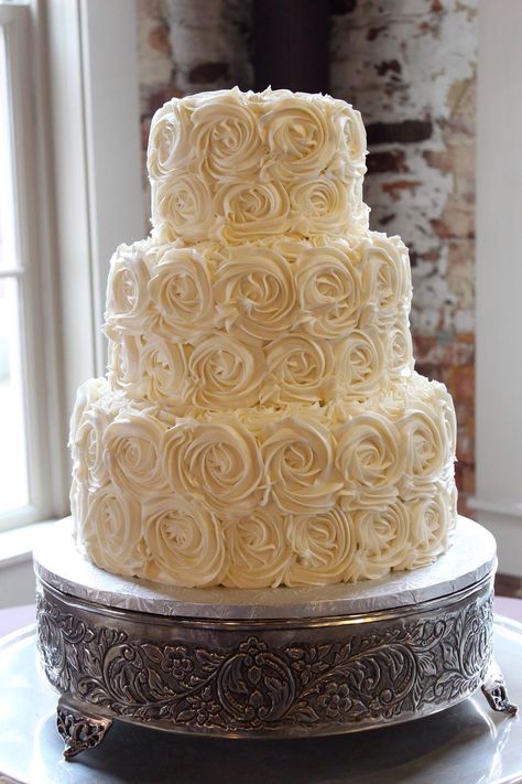 3 tiered rosette www.delightfulbitescakery.com 3 Tier Rosette Wedding Cake, Rosette Wedding Cake, Wedding Core, Burlap Wedding Cake, Rosette Cake Wedding, 2026 Wedding, Bautizo Ideas, 50th Wedding Anniversary Cakes, Cake Displays