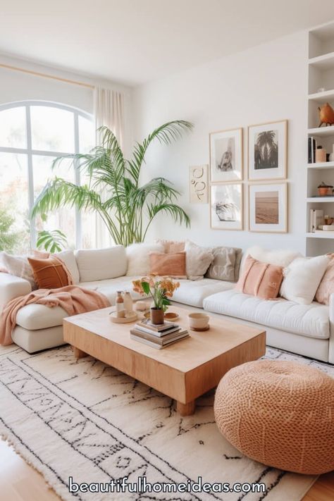 27 Beautiful Boho Living Room Design and Decor Ideas - Beautiful Home Ideas Living Room Boho Aesthetic, Living Room Designs Rattan, Home Decor Boho Modern, Boho Modern Design, California Boho Living Room, Coastal Boho Living Room Decor, Boho Living Room Beige Couch, Boho With Color, White Sectional Living Room Ideas