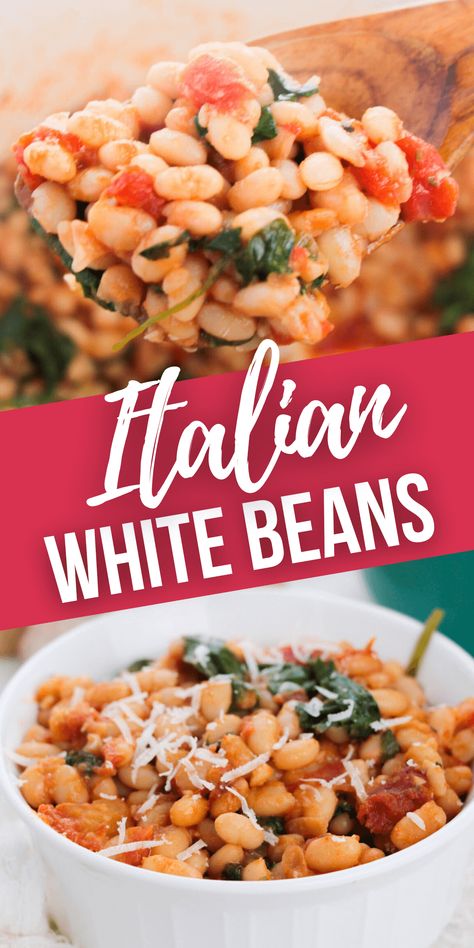 Italian White Beans are so tasty, even people who claim to be bean haters will be taken by surprise of how this dish is. Beans Tomato Recipe, Recipes With Northern White Beans, Recipes Using Canned White Beans, Tuscan Bean Skillet, Cannellini Bean Recipes Side Dishes, Large White Beans Recipes, Italian Cannellini Beans, Cannaneli Beans, Great Northern Beans Recipe Vegetarian