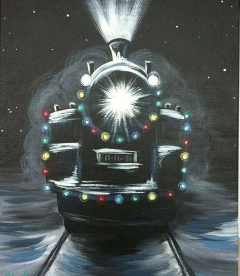 Painting Christmas Stockings Ideas, Polar Express Painting Canvas, Black Canvas Christmas Painting, Polar Express Drawing, Christmas Train Painting, Polar Express Painting, Polar Express Art, Holiday Paintings On Canvas, Drawing Ideas Christmas