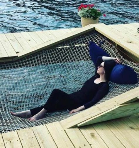 Double Hammock installed in our Dock built on an incline to enjoy the river views. Dock Hammock Ideas, Dock Hammock, Lake House Dock, Dock Design, Dock Ideas, Lake Landscaping, Floating Architecture, Lake Dock, Lakefront Living