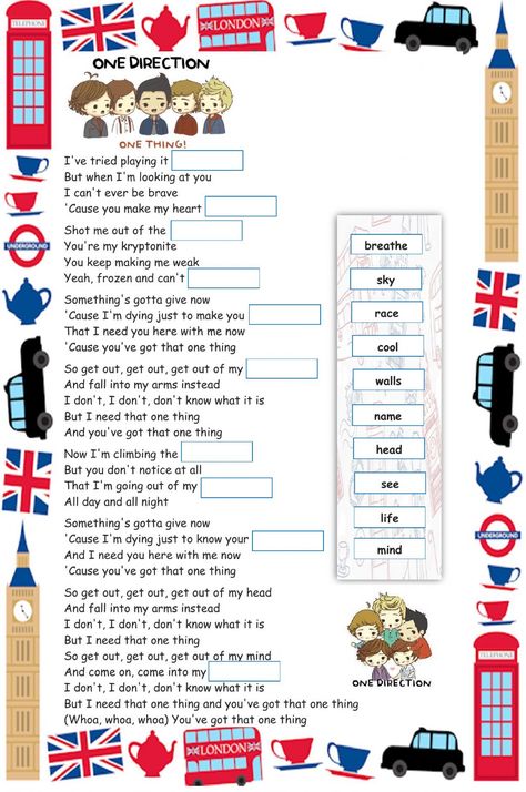 Song Lyrics Worksheet, One Thing One Direction, Teaching Suffixes, Song Worksheet, 6th Grade English, Listening English, English Pronunciation Learning, English Music, Teach English To Kids