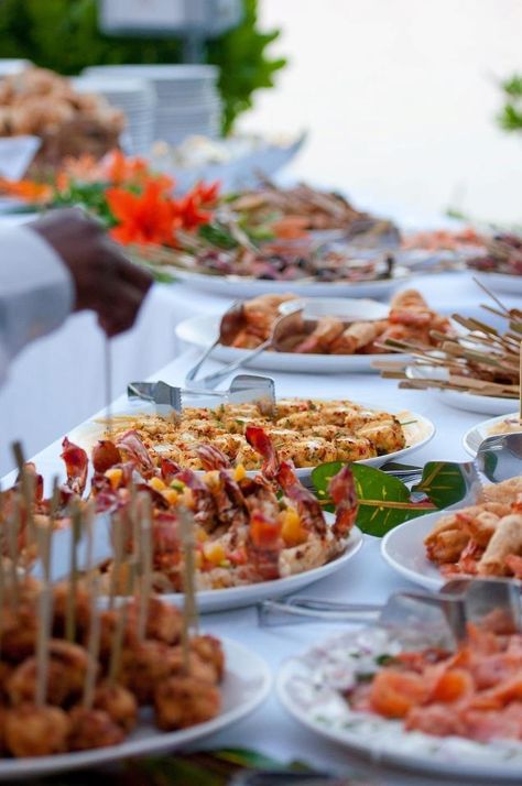 Bahamas wedding buffet Beach Wedding Food Ideas, Beach Wedding Food, Beach Wedding Reception Food, Beach Wedding Foods, Wedding Buffet Menu, Wedding Food Ideas, Seafood Party, Wedding Buffet Food, Jamaican Wedding