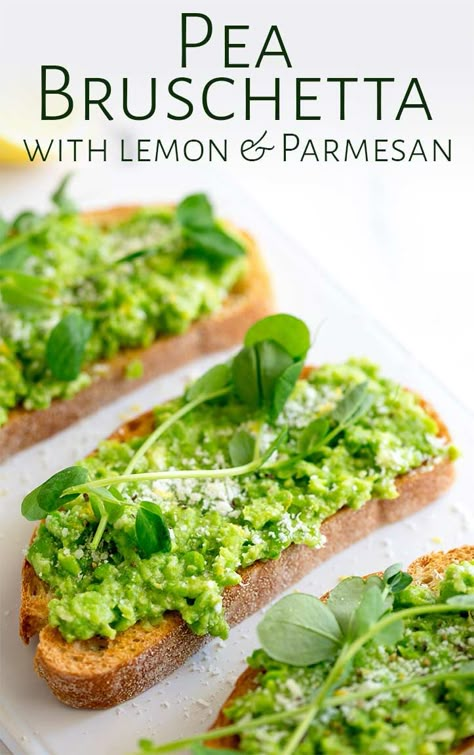 For a fresh tasting, Spring appetizer try these simple Pea Bruschetta (Pea Crostini), they are packed full of fresh bright flavors and take under 10 minutes to make. Use ciabatta toast for a large bruschetta or smaller baguette rounds for a dainty crostini. Garnish with parmesan, lemon zest, extra virgin olive oil and some fresh pea shoots for a great light lunch idea. Pea Bruschetta, Pea Crostini, Christmas Canapés, April Meals, Garden Meals, Spring Appetizer, Gothic Dinner, Spring Appetizers, Spring Lunch