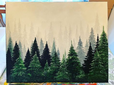 Pine Tree Forest Painting, Acrylic Pine Tree Painting, Pine Tree Painting Acrylic, Simple Tree Painting, Pine Trees Painting, Watercolor Ideas Inspiration, Tree Painting Easy, Painting 2023, Pine Tree Painting