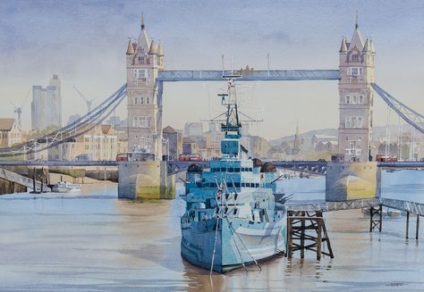 St Cuthberts Mill Water Paints, Saint Katherine, Watercolor Boat, London Art Gallery, Tower Bridge London, Fine Art Landscape, London Art, Landscape Artist, Water Painting