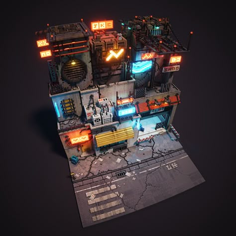 Cyberpunk Building, Cyberpunk Games, Sci Fi Environment, Building Concept, Isometric Art, Cyberpunk Aesthetic, Cyberpunk City, Low Poly Art, Game Concept Art