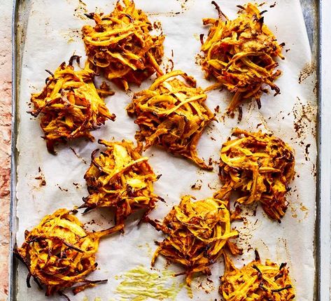 Oven baked bhajis Rice In The Microwave, Onion Bhaji, Vegetarian Nutrition, Lemon Rice, Nigella Seeds, Bbc Good Food, Crispy Onions, Vegetable Puree, Bbc Good Food Recipes