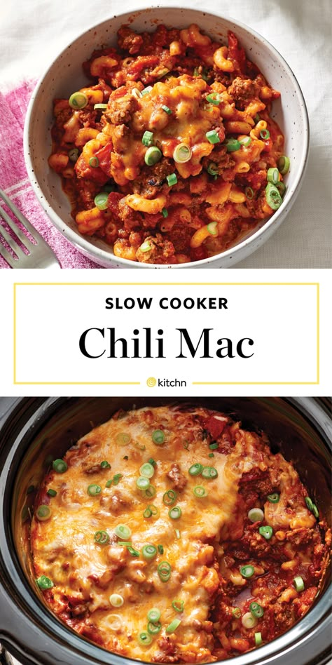 Slow Cooker Chili Mac and Cheese Recipe. Need recipes and ideas for comfort foods to make for weeknight dinners and meals? This is perfect for cold weather cooking in your crockpot. Easy to make and great for families. You'll need onions, ground beef, spices, canned diced tomatoes, kidney beans, tomato paste, beef broth, elbow macaroni noodles or pasta of choice, shredded cheddar and monterey jack cheese, scallions. Crockpot Recipes With Macaroni Noodles, Slow Cooker Elbow Pasta, Crockpot Recipes With Elbow Noodles, Elbow Macaroni Crockpot Recipes, Crockpot Elbow Pasta Recipes, Chilli Mac Recipe Slow Cooker, Chilli Mac And Cheese Crockpot, Ground Beef And Noodles Crockpot, Crockpot Cheddar Chili Mac