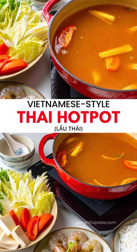 Thai hotpot with an assortment of vegetables and seafood for dipping Thai Hot Pot Recipe, Asian Hot Pot Recipe, Hot Pot Broth, Hotpot Recipe, Asian Potluck, Hot Pot Recipe, Vietnamese Dishes, Noodle Soups, Plate Recipes