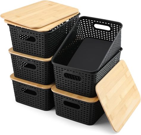 AREYZIN Set of 6 Plastic Storage Baskets Organizing Container Lidded Knit Storage Organizer Bins (Black) Closet Organization Bins, Playroom Classroom, Small Storage Basket, Kitchen Basket Storage, Organizer Bins, Plastic Baskets, Lid Organizer, Storage Bins With Lids, House Apartment