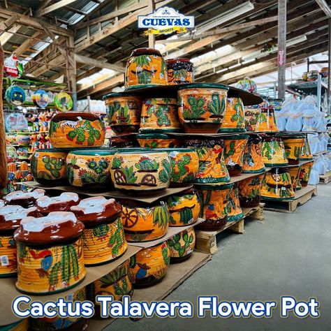 Cactus Talavera Flower Pots Talavera Outdoor Decor, Talavera Backyard, Talavera Fountain, Mexican Garden Ideas, Talavera Pottery Garden, Talavera Garden, Mexican Pottery Decor, Mexican Flower Pots, Talavera Decor