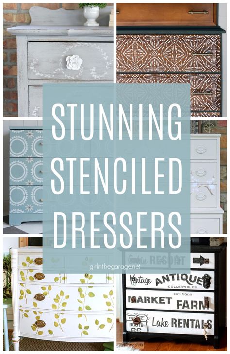 Turn boring furniture into a work of art with easy stenciling techniques. Be inspired with these amazing stenciled dresser ideas! Antique Tallboy Dresser, Vintage Dresser Diy, Furniture Stencils Pattern, Stenciled Furniture Diy, Stenciled Dresser, Woodland Stencil, Stencil Dresser, Lace Stencil, Wood Burning Stencils