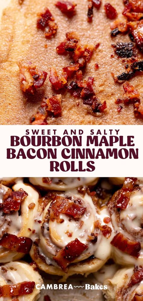 These bourbon maple bacon cinnamon rolls feature all of your breakfast favorites in one—maple syrup, crispy bacon, and homemade cinnamon rolls. Enjoy this sweet and salty treat for breakfast or dessert! Bourbon Maple Bacon Cinnamon Rolls, Maple Bacon Croissant, Bacon Cinnamon Rolls Pillsbury, Bacon Cinnamon Rolls Homemade, Maple Bacon Cinnamon Rolls Homemade, Special Cinnamon Rolls, Flavoured Cinnamon Rolls, Christmas Cinammon Rolls, Cinnamon Roll Scones Recipe