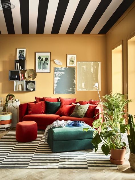 So colorful, warm, and inviting! Ikea Stockholm Sofa, Red Sofa Living Room, Red Couch Living Room, Red Couch, Living Room Orange, Yellow Room, Yellow Living Room, Living Room Red, Colourful Living Room