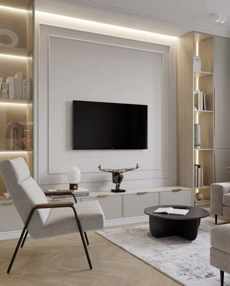 New Classic Living Room Tv Wall, Classic Tv Unit Design, Tv Room Classic, Modern Classic Tv Cabinet, Modern Classic Tv Wall, Classic Tv Wall, Classic Tv Unit, Modern French Decor, Classic Modern Interior