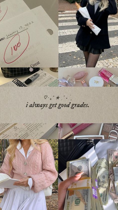 Smart Girl Vision Board, Vision Board Photos For Students, Vision Board Student, I Always Get Good Grades, School Affirmations, Get Good Grades, Romanticize School, Pink Academia, College Vision Board