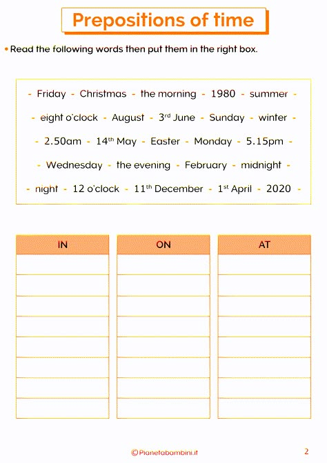 In On At Prepositions Of Time, Preposition Of Time Worksheets, Preposition Of Time Activities, The Time In English, Preposition Of Time, English Primary School, English Grammar Test, English Grammar Notes, Study English Language