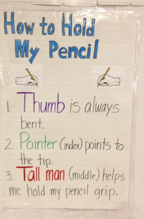 This is an anchor chart that I created to teach children the correct way to hold a pencil.  When you teach the procedure,  sing it to the tune of "Baby Bumble Bee." The children will love it and sing it as they are writing! How To Teach Kids To Hold A Pencil, Anchor Charts For Prek, Pencil Anchor Chart, How To Hold A Pencil, Baby Bumble Bee, Kindergarten Anchor Charts, Beginning Of Kindergarten, Classroom Charts, Prek Classroom