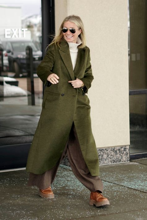 Gwyneth Paltrow Dress, Gwyneth Paltrow Style, Celine Boots, Olive Green Coat, Chic Sweaters, Grey Tank Top, Quiet Luxury, Green Coat, Gwyneth Paltrow