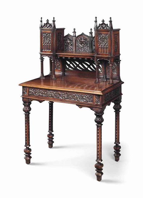 Gothic Furniture Diy, Vanity Antique, French Vanity, Steampunk Furniture, Antique Writing Desk, Crossfit Wod, Gothic Furniture, Mini Desk, Gothic Revival