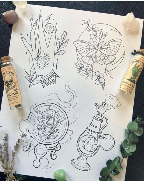 Line drawings of a hand holding an eyeball, a luna moth and moon, a perfume bottle with a moon inside and a crystal ball with mushrooms inside. Crystal Ball Tattoo, Witchy Crystals, Luna Moth Tattoo, Pagan Tattoo, Ball Tattoo, Movie Tattoos, Witch Tattoo, Moth Tattoo, Spooky Tattoos