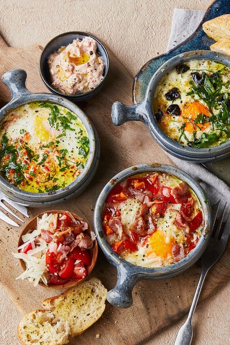 Three soup bowls full of vegetables and baked eggs with toast alongside and toppings Chilli Toppings, Baked Eggs Recipe, Easy Brunch Recipes, Easy Rice Recipes, Fry Recipes, Filling Dinner, Bbc Food, Smoked Cooking, Eggs Recipe