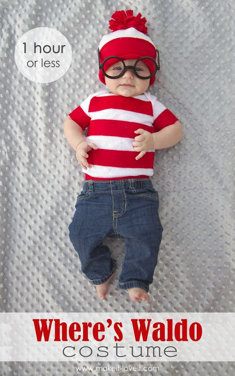 A simple "Where's Waldo" costume for kids and adults both.....in less than an hour! --- Make It and Love It Homemade Baby Costumes, Where's Waldo Costume, List Of Halloween Costumes, Diy Baby Halloween Costumes, Waldo Costume, Halloween Costumes For Big Kids, Diy Fantasia, Perlengkapan Bayi Diy, Diy Baby Costumes