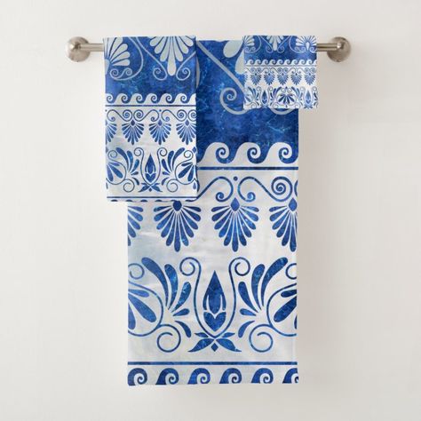 Luxury Greek Ornament Blue Gemstone and pearl Bath Towel Set Size: Bathroom Towel Set. Gender: unisex. Age Group: adult. Greek Bathroom Decor, Greek Style Bathroom, Greek Bathroom, Greek Interior, Greek Interior Design, Greece Decor, Greek Ornament, Greek Home Decor, Greek Decor