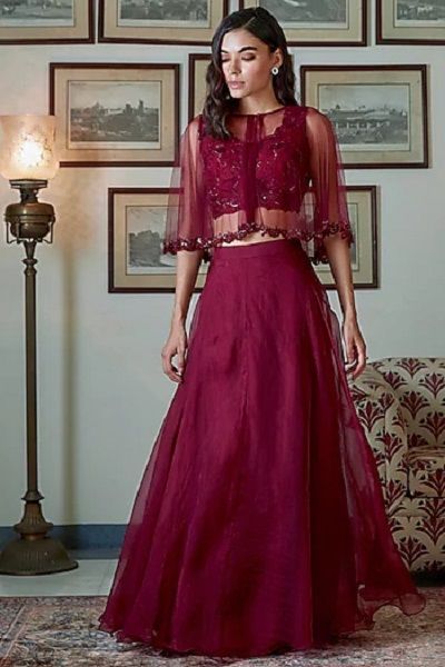 Crop Top and Lehenga Designs Blue Crop Top Lehenga, Pink Indian Dress, Cape Lehenga, Jacket Lehenga, Full Flared Skirt, Cape For Women, Lehenga Crop Top, Lehenga Pattern, Embroidered Cape