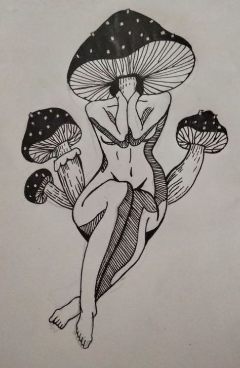 Tattoo Mushroom Lady, Mushroom Lady Tattoo Design, Mushroom Lady Drawing, Mushroom Lady Art, Psychadelic Tattoo, Mushroom Lady, Halloween Wallpaper Cute, Psychadelic Art, Spooky Tattoos