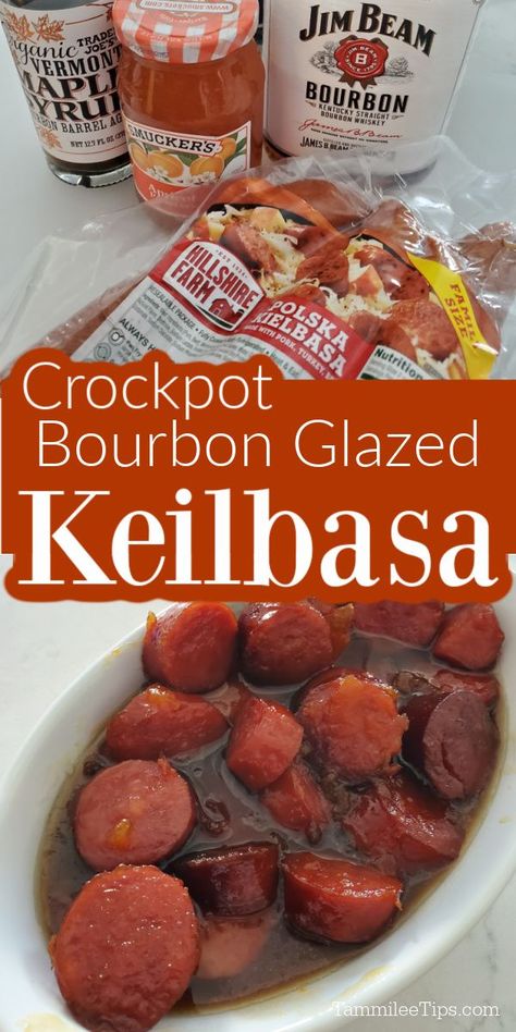 Crockpot Kelbeisa, Keilbasa Recipes Crockpot Grape Jelly, Bourbon Glazed Kielbasa, Bourbon Tasting Party Food Snacks, Party Appetizer Recipes Crockpot, Crockpot Appetizers Christmas, Crockpot Kielbasa Appetizer, Kielbasa Appetizer Crockpot, Gluten Free Crockpot Appetizers