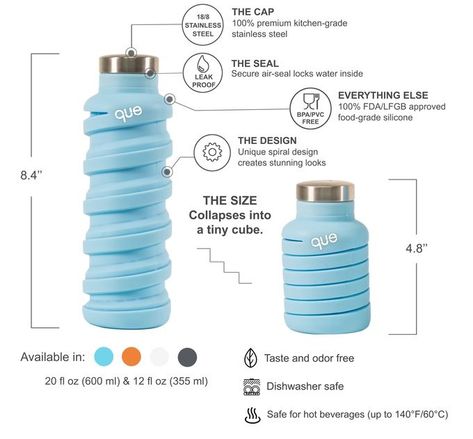 travel water bottle - ‘que’ is the name of an innovative new travel water bottle that’s being launched as part of a Kickstarter crowdfunding campaign. ... Que Bottle, Collapsible Water Bottle, Travel Water Bottle, Drinking Fountain, Water Bottle Design, Travel Bottles, Spiral Design, Botol Air, Bottle Design