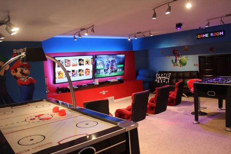 Arcade Basement Ideas, Fun Basement Ideas For Teenagers, Basement Gaming Room, Two Tvs In One Room Ideas, Arcade Room In House, Gaming Basement, Game Room Ideas Family, Dream Game Room, Vacation Home Ideas